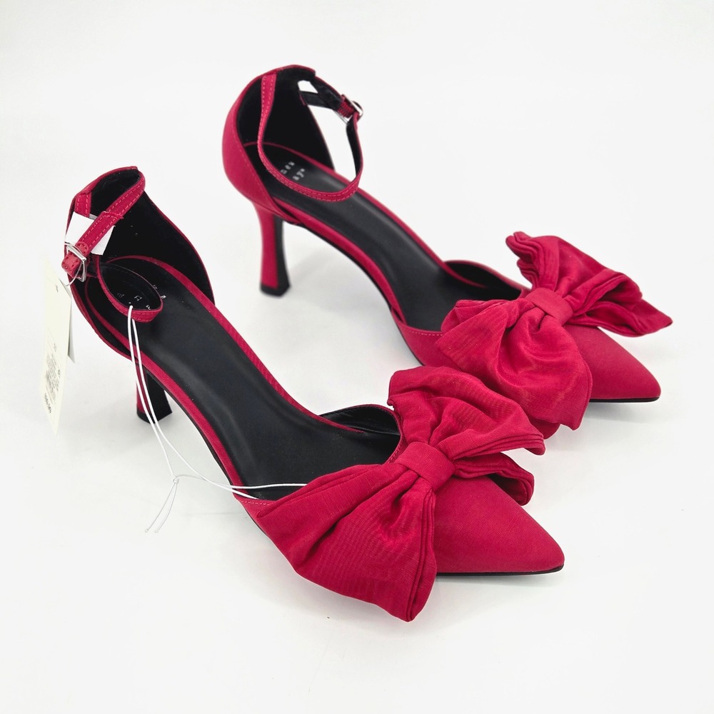 A New Day Grace Red Big Bow Pointed Toe Ankle Strap Satin Heels Pumps Size 11